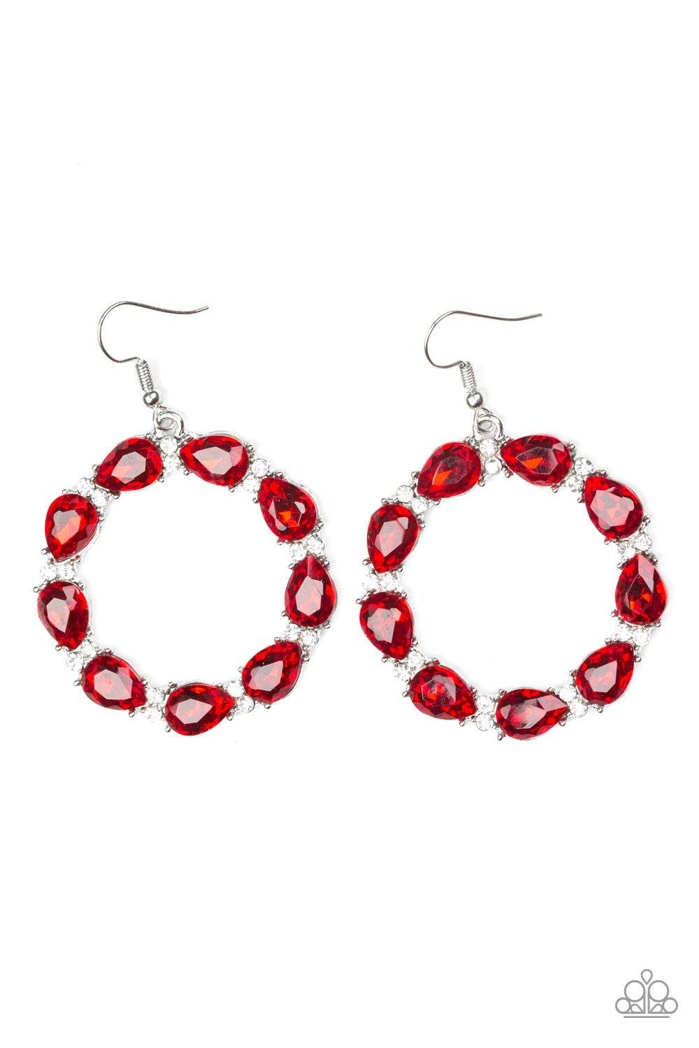 Paparazzi Accessories Ring Around the Rhinestones - Red Glittery white rhinestones and red teardrop gems circle into a sparkling hoop for a glamorous look. Earring attaches to a standard fishhook fitting. Sold as one pair of earrings. Jewelry
