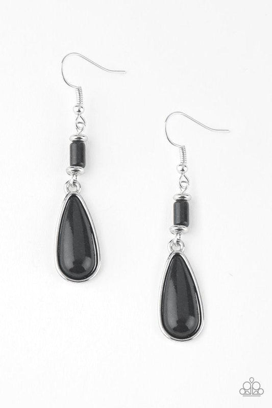 Paparazzi Accessories Courageously Canyon - Black Chiseled into a tranquil teardrop, an earthy black stone bead swings from the bottom stack of silver and stone beads, creating a seasonal lure. Earring attaches to a standard fishhook fitting. Sold as one