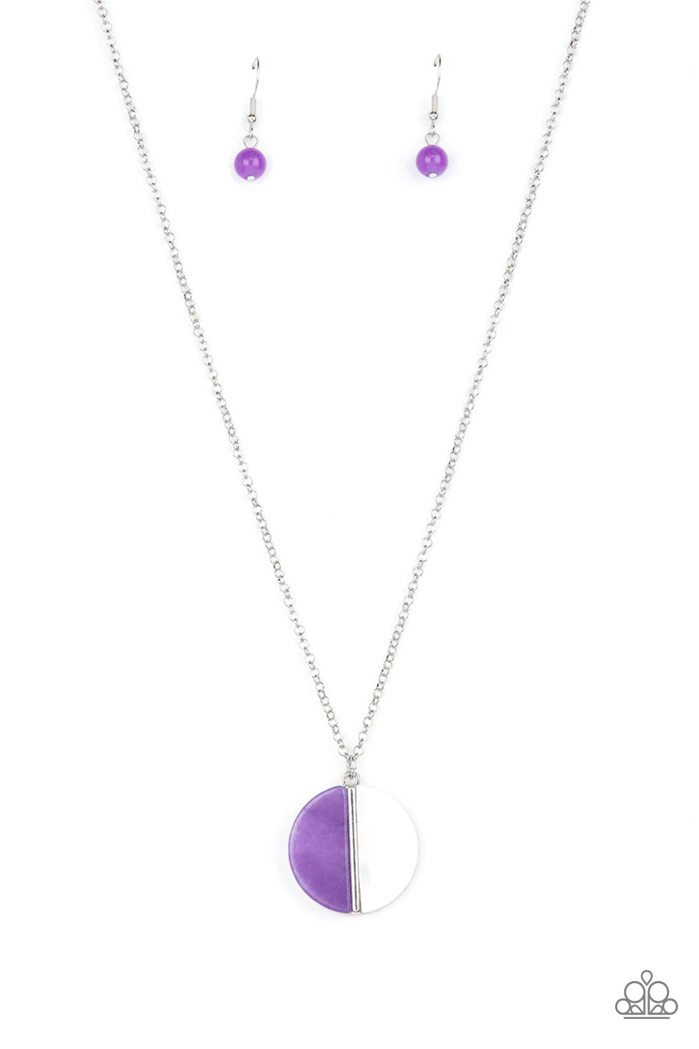 Paparazzi Accessories Elegantly Eclipsed - Purple A pair of amethyst stone and white shell-like half moon frames adorn the front of a round silver fitting, creating a whimsical pendant below the collar. Features an adjustable clasp closure. Sold as one in