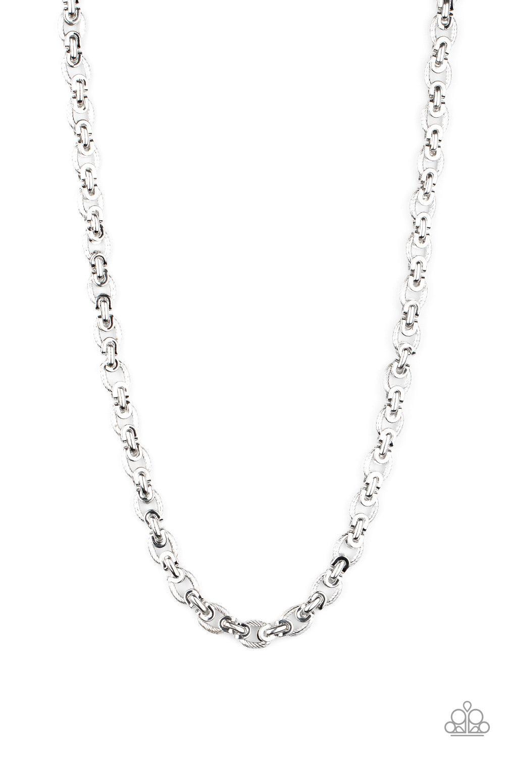 Paparazzi Accessories Grit And Gridiron - Silver Textured silver links are joined together with sleek silver fittings across the chest, creating an ornate chain. Features an adjustable clasp closure. Jewelry