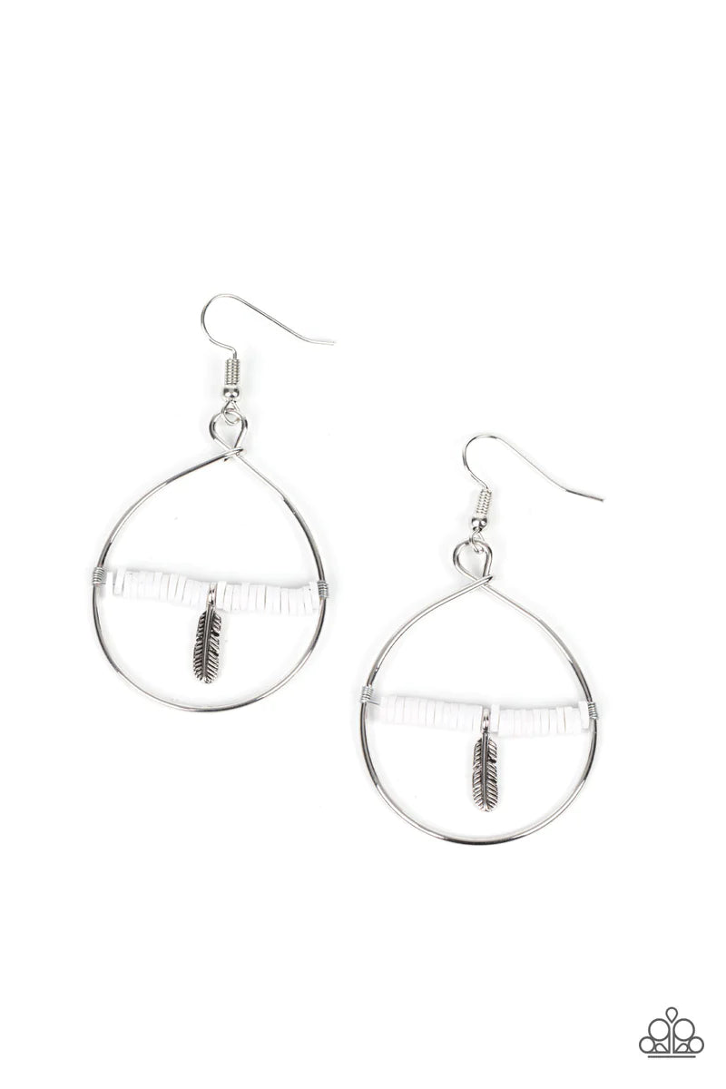 Paparazzi Accessories Free Bird Freedom White: Infused with a dainty silver feather charm, a dainty row of rubbery white discs are threaded along a metallic rod inside an airy silver hoop for a free-spirited fashion. Earring attaches to a standard fishhoo