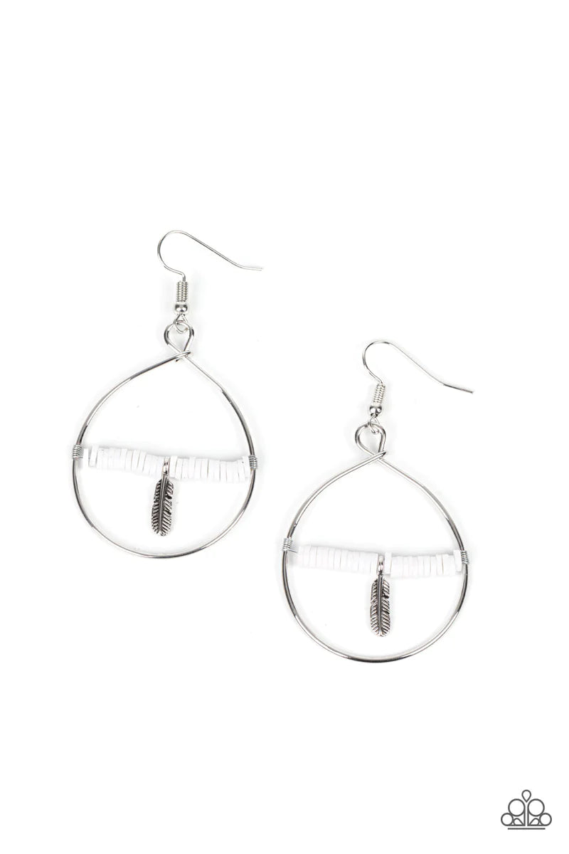Paparazzi Accessories Free Bird Freedom White: Infused with a dainty silver feather charm, a dainty row of rubbery white discs are threaded along a metallic rod inside an airy silver hoop for a free-spirited fashion. Earring attaches to a standard fishhoo