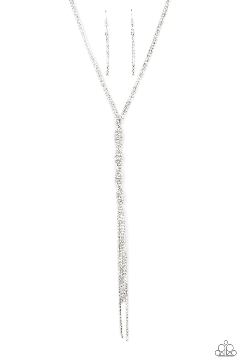 Paparazzi Accessories Impressively Icy - White A twisted chain of glassy rhinestones elegantly drip along a classic silver chain across the chest. Features an adjustable clasp closure. Sold as one individual necklace. Includes one pair of matching earring