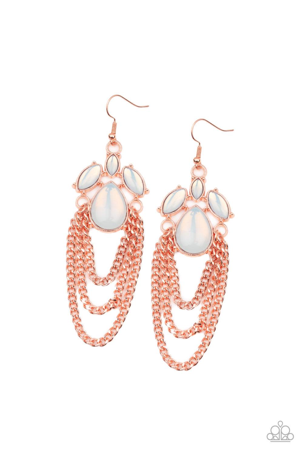 Paparazzi Accessories Opalescence Essence - Copper Rows of shiny copper chain drape from the bottom of a stacked shiny copper frame floating with a collection of opalescent white beads. Earring attaches to a standard fishhook fitting. Jewelry