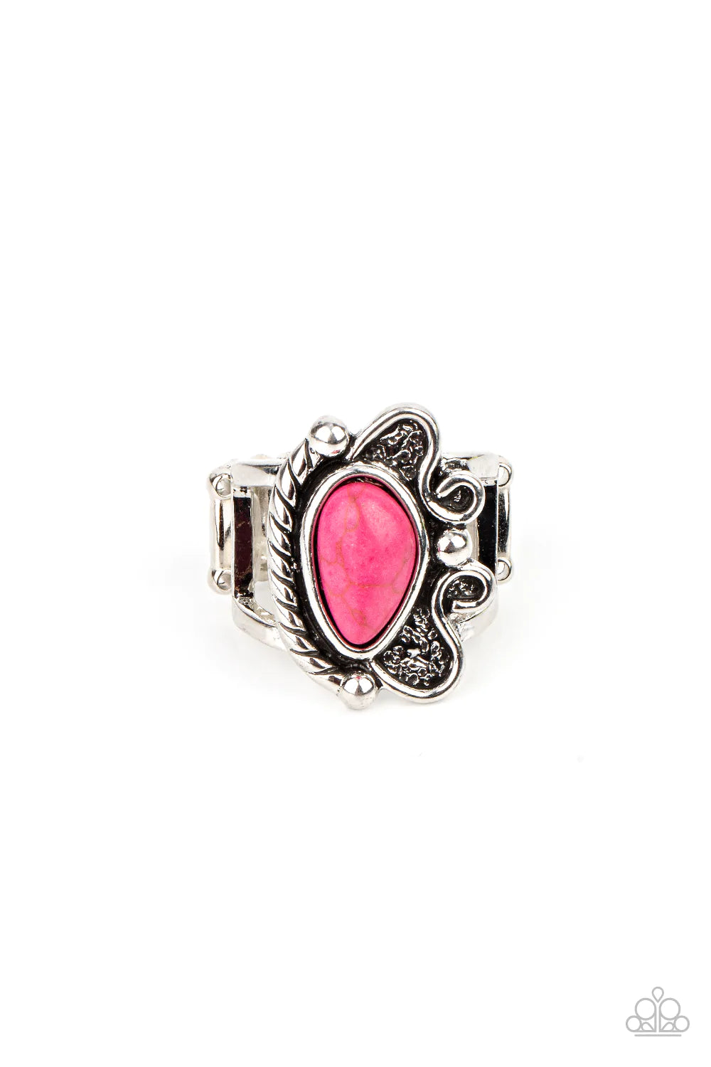 Paparazzi Accessories Mesa Meditation - Pink Antiqued silver texture combines with rope and studded accents to create a swirling frame. A pink asymmetrical teardrop stone nestles inside, culminating in an artisan-inspired ensemble atop the finger. Feature