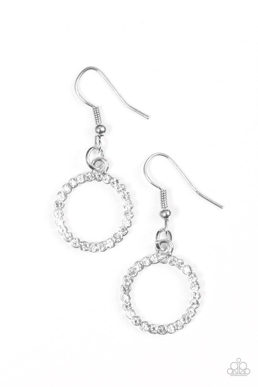 Paparazzi Accessories Runway Glam - White Glittery white rhinestones are encrusted along a dainty silver hoop, creating a refined lure. Earring attaches to a standard fishhook fitting. Jewelry
