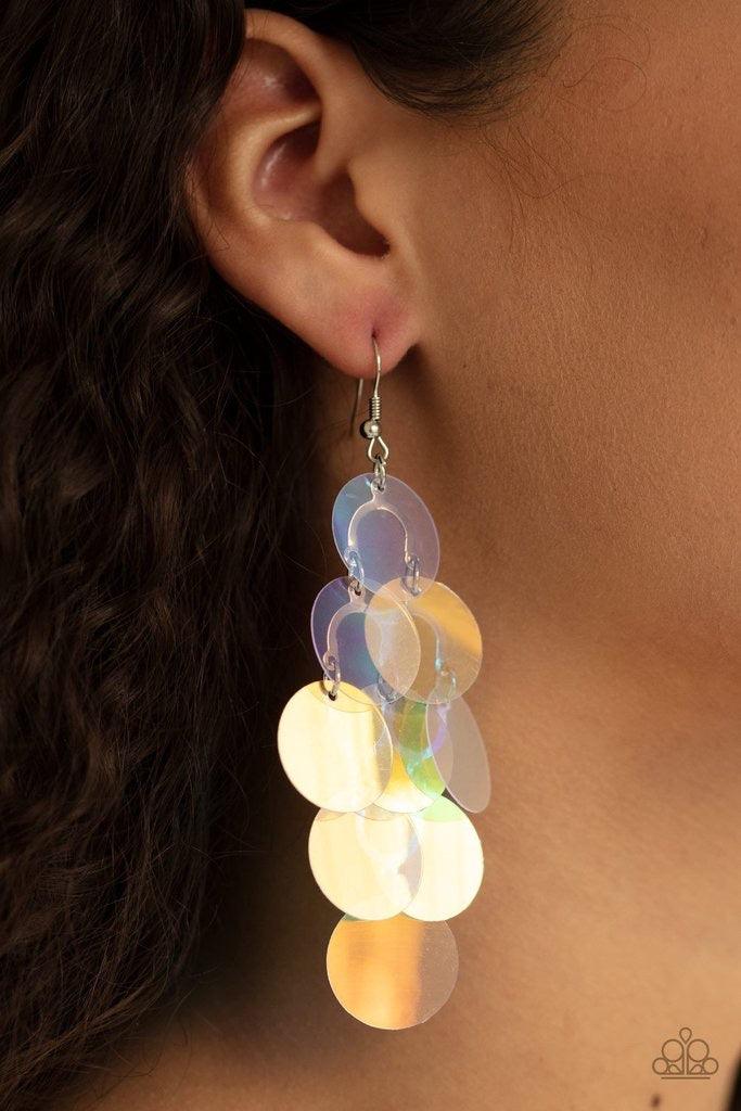 Paparazzi Accessories Mermaid Shimmer - Multi Bubbly iridescent discs cascade from the ear, coalescing into an effervescent lure. Earring attaches to a standard fishhook fitting. Jewelry