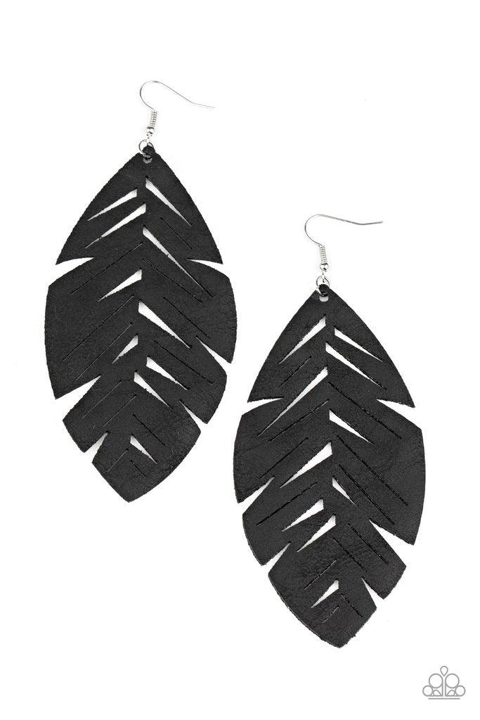 Paparazzi Accessories I Want To Fly - Black Featuring a rustic finish, a soft piece of black leather is cut and stenciled into an airy feather frame for a free-spirited look. Earring attaches to a standard fishhook fitting. Sold as one pair of earrings. J