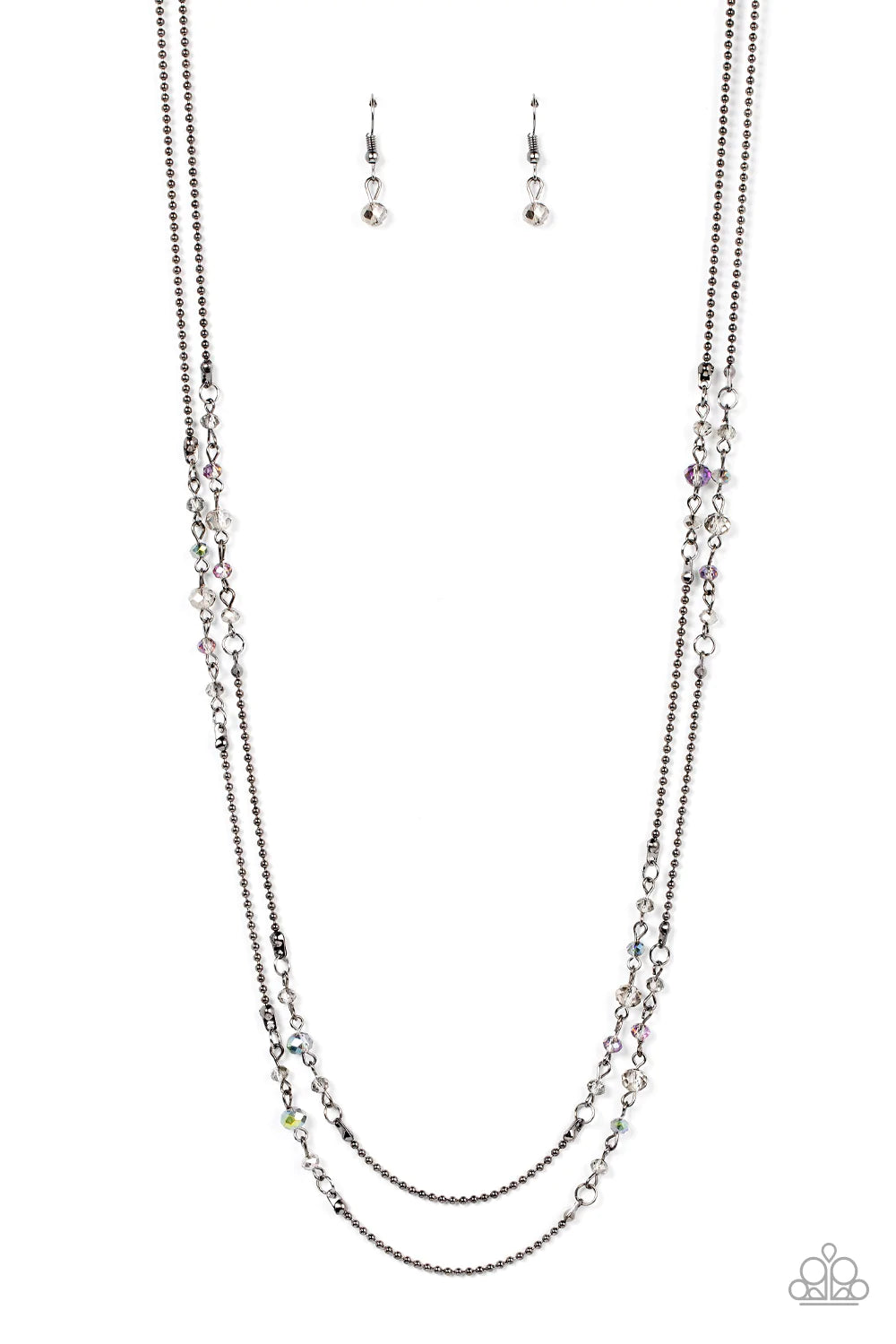 Paparazzi Accessories Petitely Prismatic - Silver Sections of iridescent and smoky crystal-like beads embellish strands of dainty gunmetal beaded chains, resulting in prismatic layers across the chest. Features an adjustable clasp closure. Sold as one ind