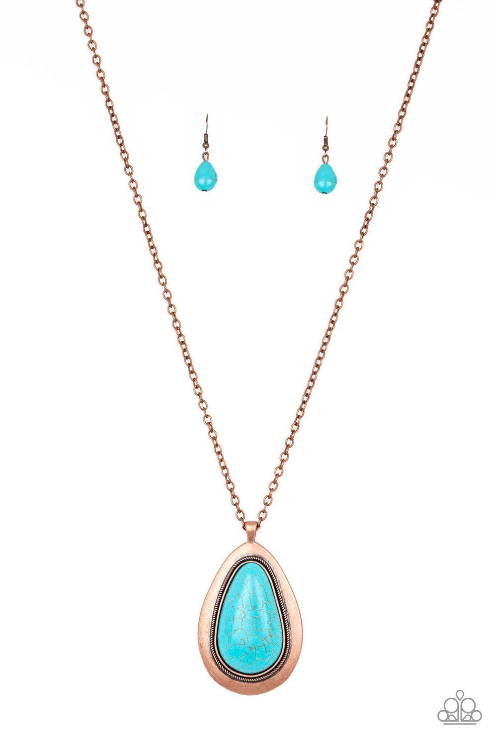 Paparazzi Accessories BADLAND To The Bone - Copper A dramatic turquoise stone teardrop is pressed into a glistening copper frame radiating with rustic patterns. The impressive pendant swings from the bottom of a lengthened copper chain for a seasonal look