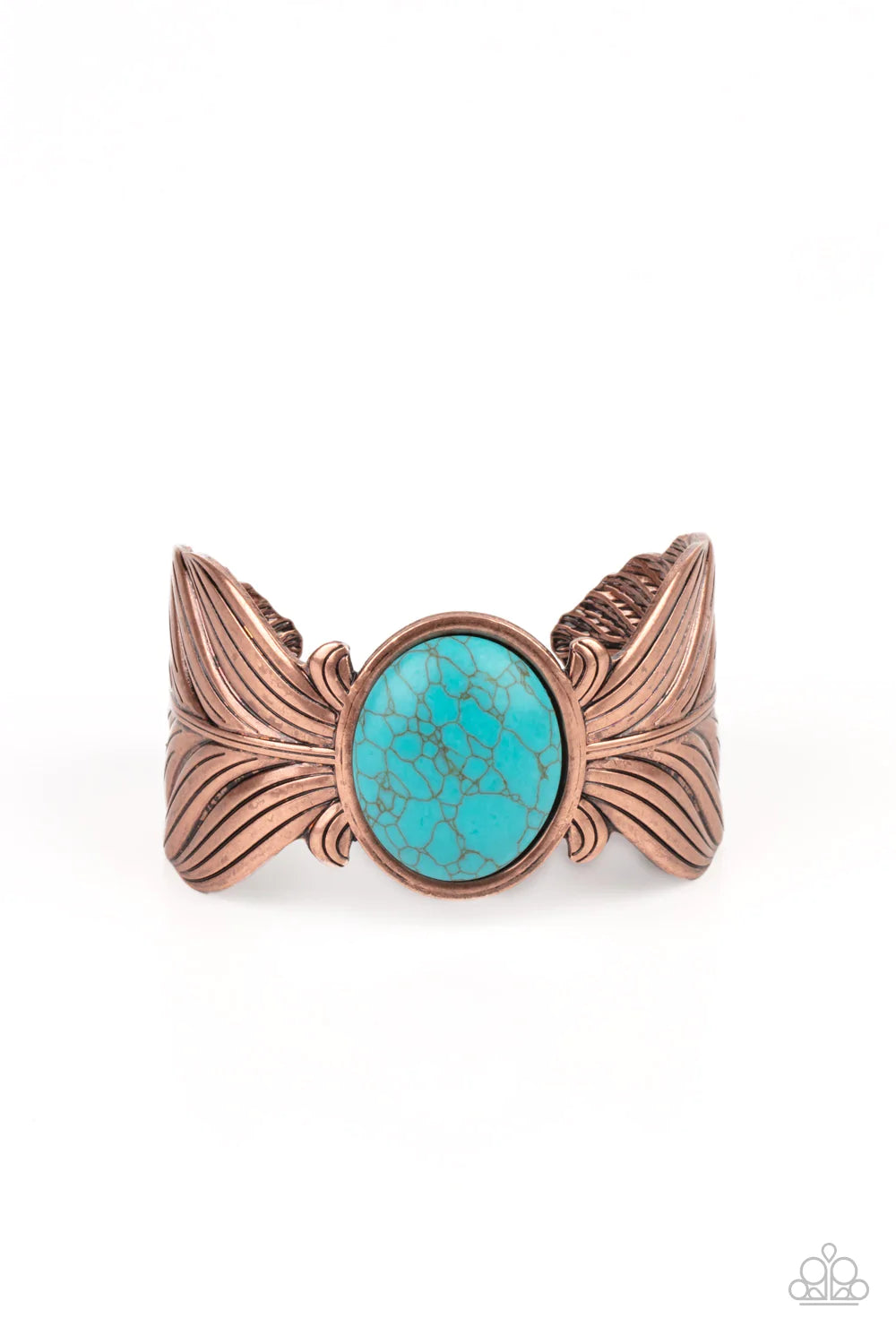 Paparazzi Accessories Born to Soar - Copper Etched and embossed in lifelike textures, two oversized copper feathers branch out from a refreshing turquoise stone center, curling into a whimsical cuff around the wrist. Sold as one individual bracelet. Jewel