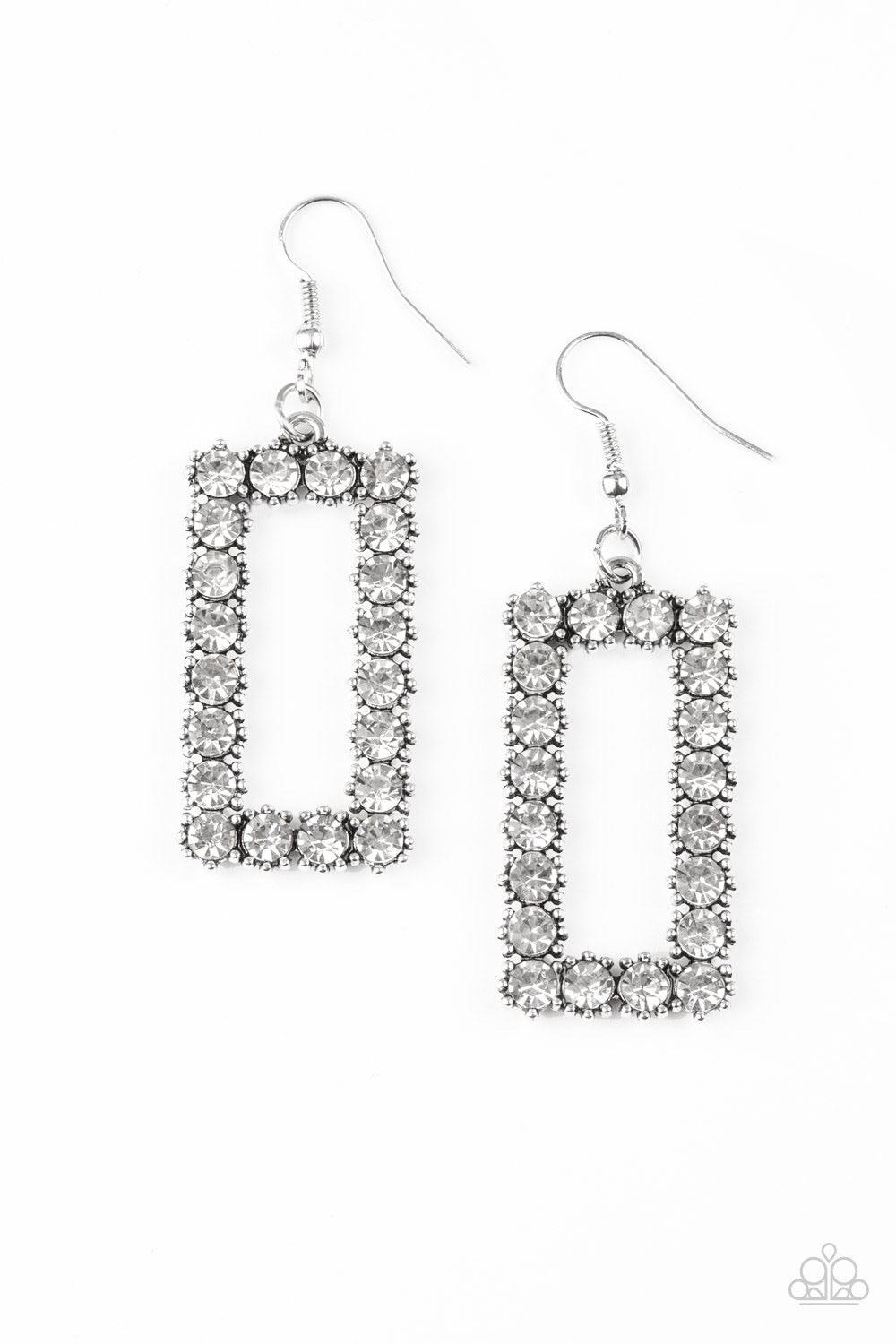 Paparazzi Accessories Mirror, Mirror - White Glittery white rhinestones are encrusted along a silver rectangular frame, creating a glamorous lure. Earring attaches to a standard fishhook fitting. Jewelry