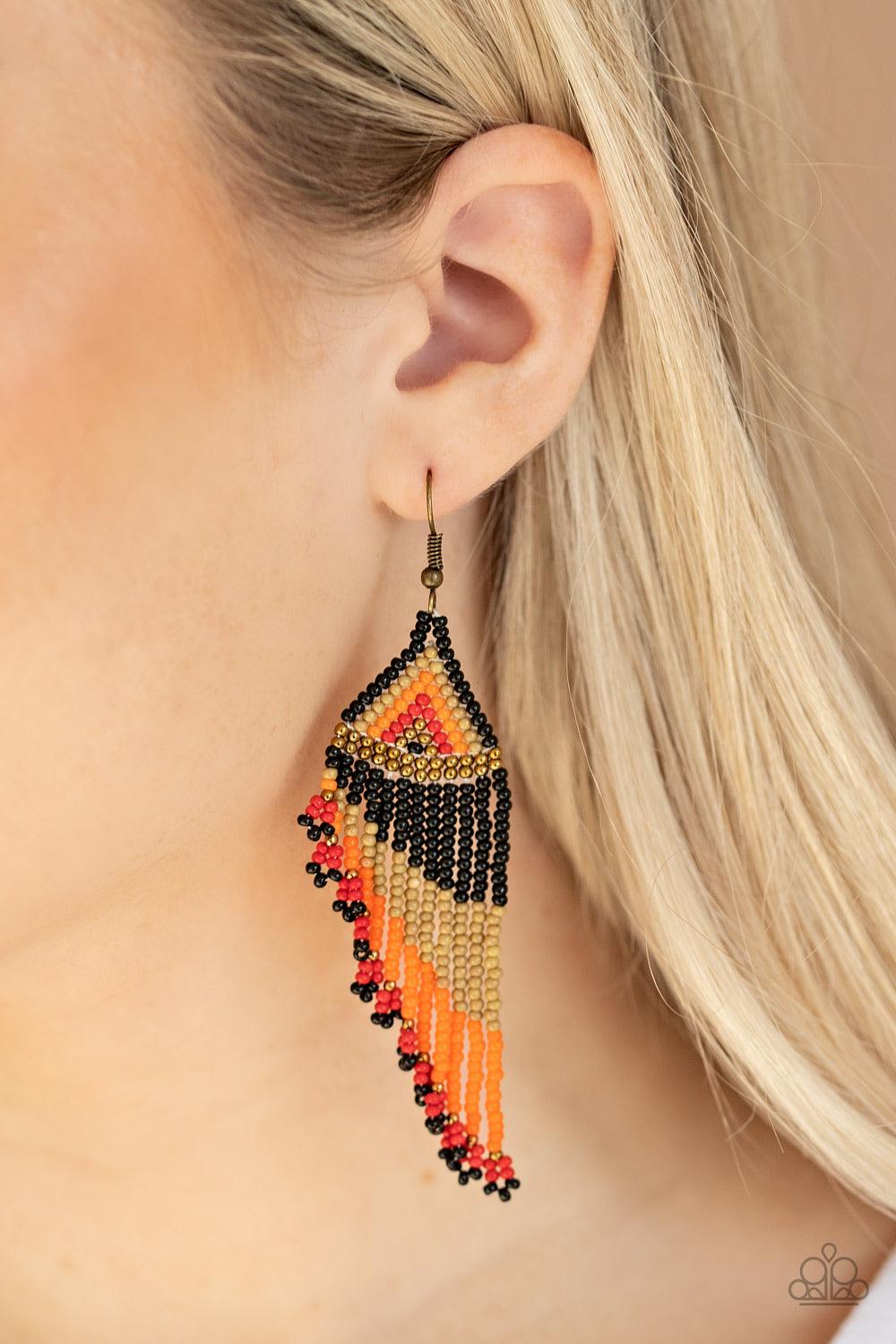 Paparazzi Accessories Rainbow Winds - Black Strands of black, brown, orange, red, and brass seed beads colorfully weave into a vivaciously beaded fringe. Earring attaches to a standard fishhook fitting. Jewelry