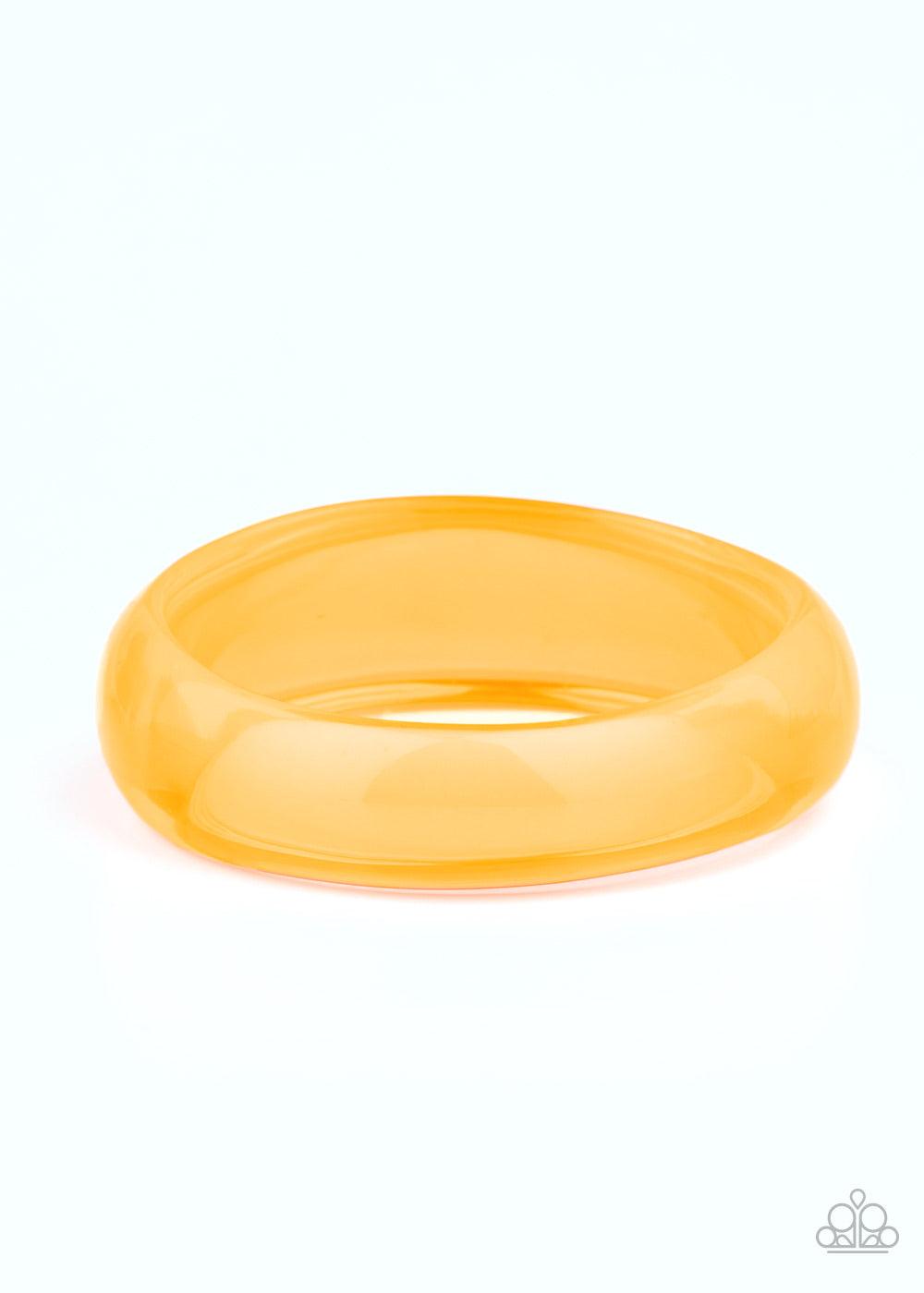Paparazzi Accessories Major Material Girl - Orange A neon orange acrylic bangle slides along the wrist for a colorfully retro flair. The shiny bangle gradually widens at the top for a fabulous finish. Sold as one individual bracelet. Jewelry