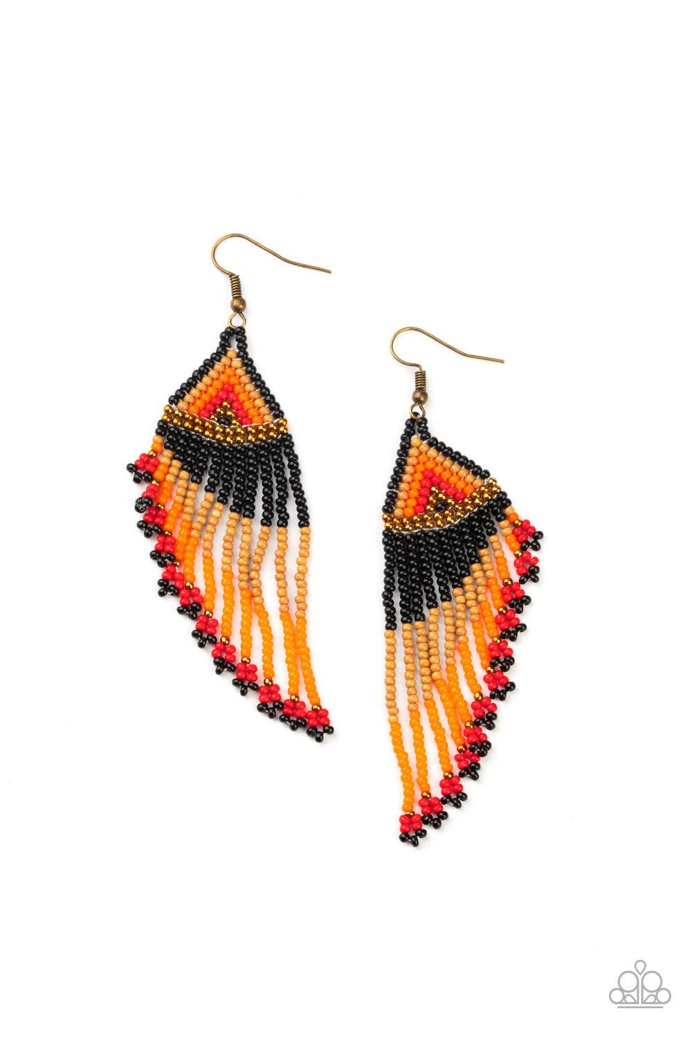 Paparazzi Accessories Rainbow Winds - Black Strands of black, brown, orange, red, and brass seed beads colorfully weave into a vivaciously beaded fringe. Earring attaches to a standard fishhook fitting. Jewelry