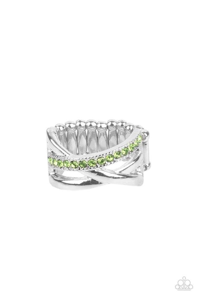Paparazzi Accessories Forever Flawless - Green Bands of crisscrossing shining silver bars are highlighted by a row of glittering Peridot rhinestones for a ritzy finish across the finger. Features a stretchy band for a flexible fit. Rings