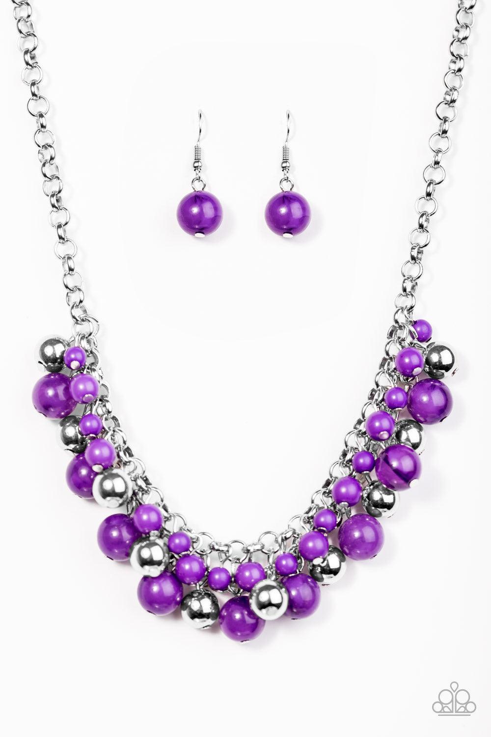 Paparazzi Accessories For The Love of Fashion - Purple Opaque purple beads trickle from the bottom of a bold silver chain. Infused with classic silver beading, the colorful fringe joins below the collar in a timelessly colorful fashion. Features an adjust