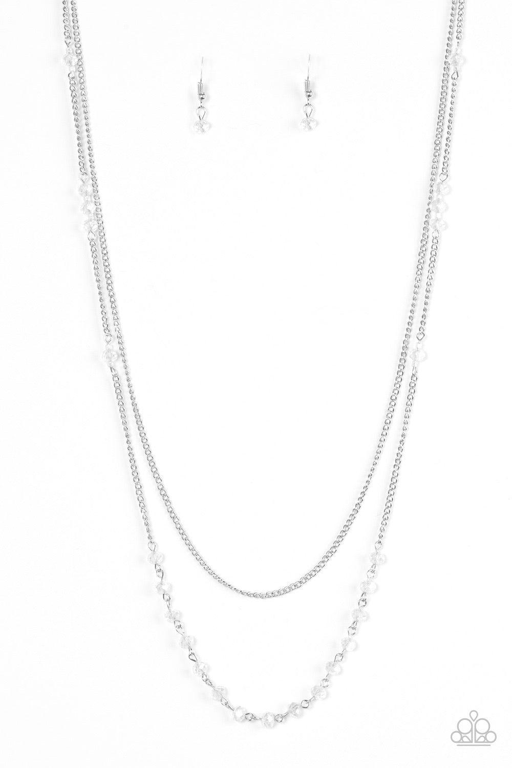 Paparazzi Accessories Rich With Glitz - White Brushed in an iridescent finish, white crystal-like beads trickle along a shimmery silver chain. A plain silver chain hangs above the glittery beads for a refined layered finish. Features an adjustable clasp c