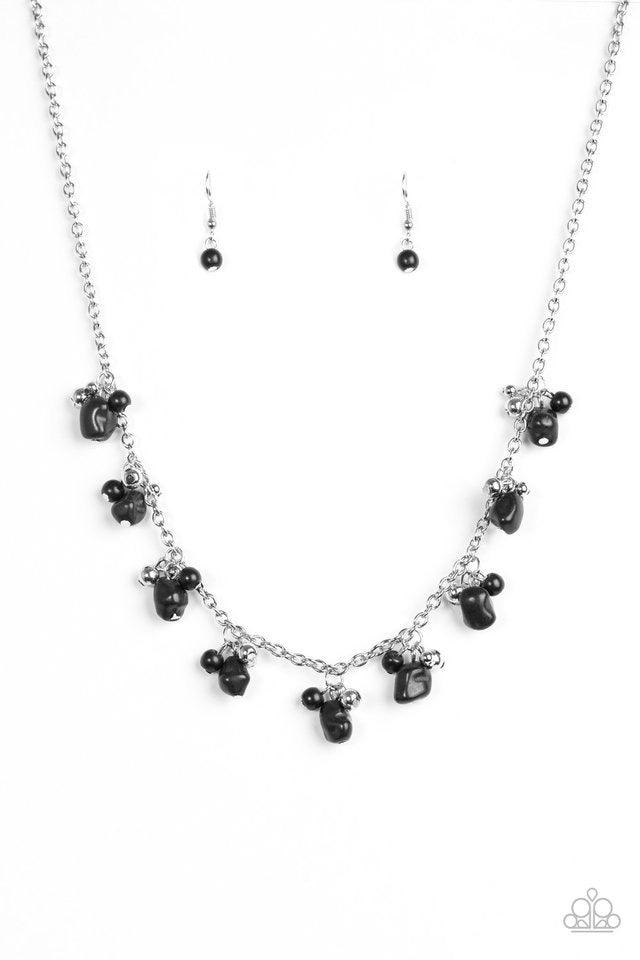 Paparazzi Accessories Rocky Mountain Magnificent - Black Varying in shape and size, shiny silver beads and earthy black stone beading swing from the bottom of a shimmery silver chain, creating a colorful fringe below the collar. Features an adjustable cla
