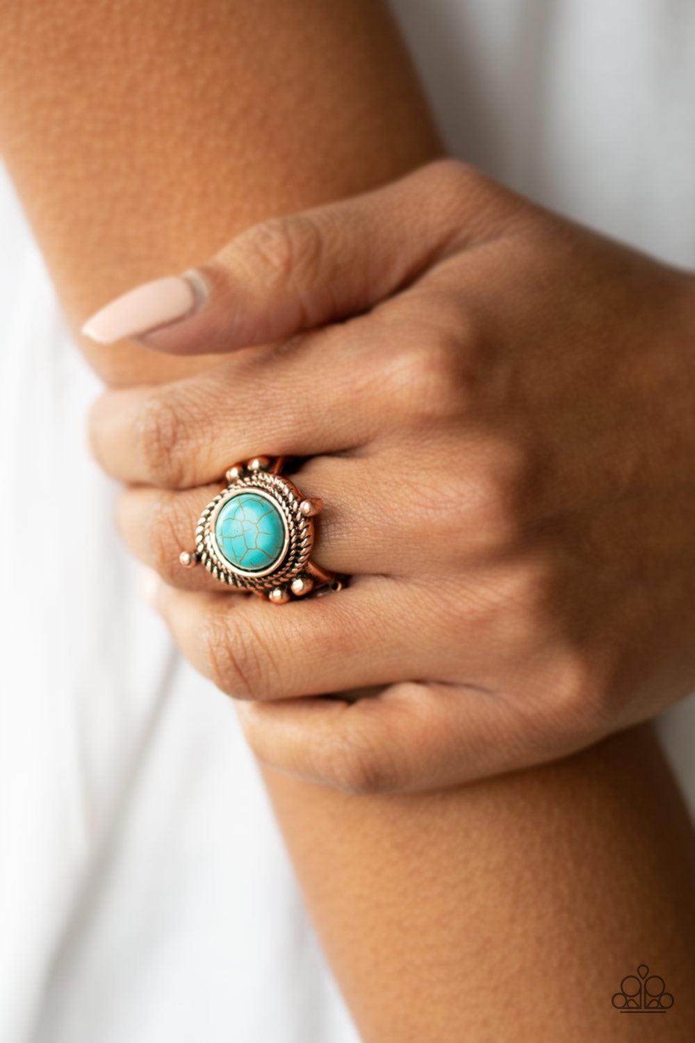 Paparazzi Accessories Prone To Wonder - Copper A refreshing turquoise stone is pressed into the center of a copper frame radiating with studded and twisted rope-like textures for an artisan inspired look. Features a stretchy band for a flexible fit. Jewel