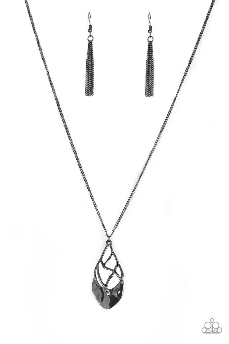 Paparazzi Accessories Swank Bank - Black Swinging from the bottom of an elongated gunmetal chain, twisting gunmetal bars attach to a delicately hammered gunmetal plate, coalescing into a refined pendant. Features an adjustable clasp closure. Sold as one i