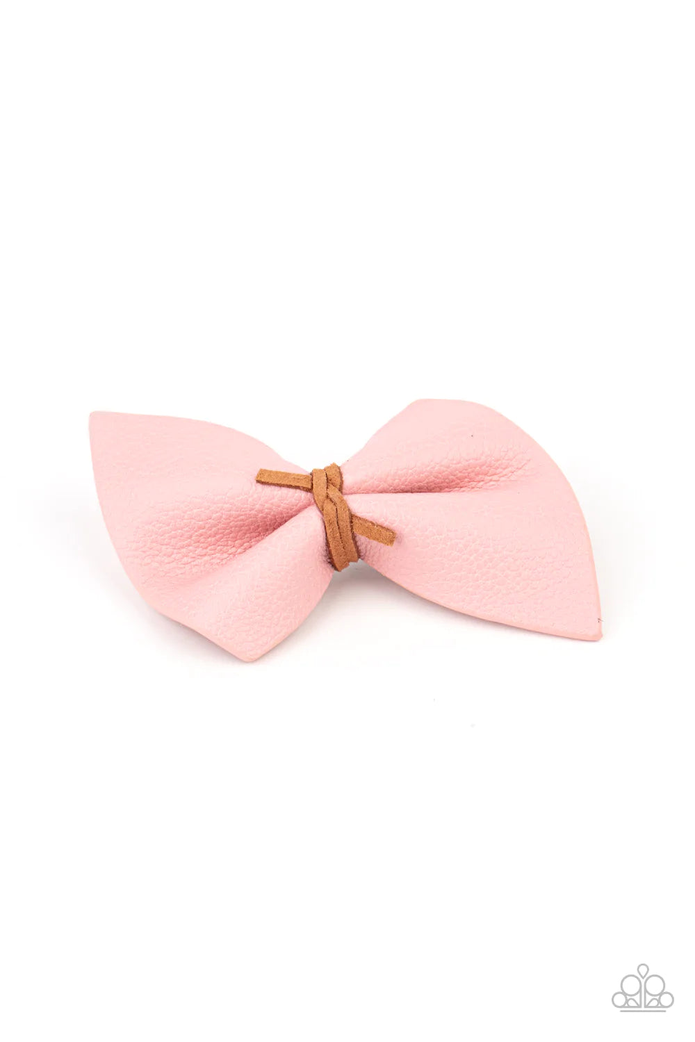 Paparazzi Accessories Home Sweet HOMESPUN - Pink Brown suede cording knots around the middle of a piece of Pale Rosette leather, creating a rustic bow. Features a standard hair clip on the back. Sold as one individual hair clip. Hair Claws & Clips