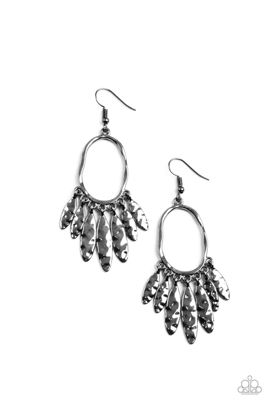 Paparazzi Accessories Artisan Aria - Black A tapered fringe of hammered gunmetal oval frames swing from the bottom of a hammered oval hoop, creating a musical fringe. Earring attaches to a standard fishhook fitting. Sold as one pair of earrings. Jewelry