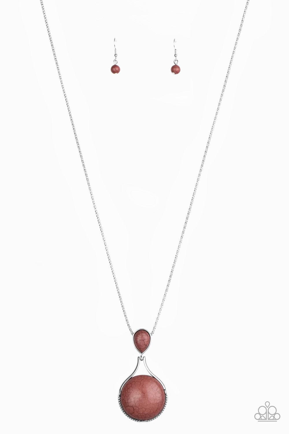 Paparazzi Accessories Desert Pools - Brown Encased in silver, a brown teardrop stone hinges to a large round brown stone at the bottom of a lengthened silver popcorn chain, creating a one-of-a-kind pendant. Features an adjustable clasp closure. Jewelry