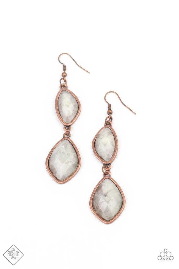 Paparazzi Accessories The Oracle Has Spoken - Copper Featuring dramatically faceted surfaces, cloudy faux stone beads are pressed into rustic copper frames that link into a whimsically refined lure. Earring attaches to a standard fishhook fitting. Sold as