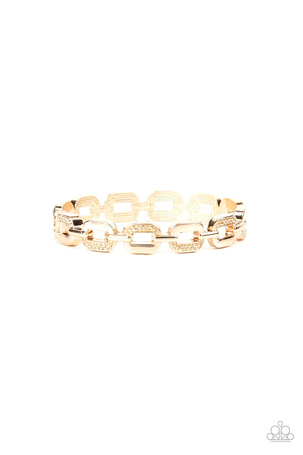 Paparazzi Accessories Powerhouse Plunder - Gold Alternating in sections of dotted texture, an oversized collection of gold chain links interlock into a solid bangle-like bracelet around the wrist. Features a hinged closure. Sold as one individual bracelet