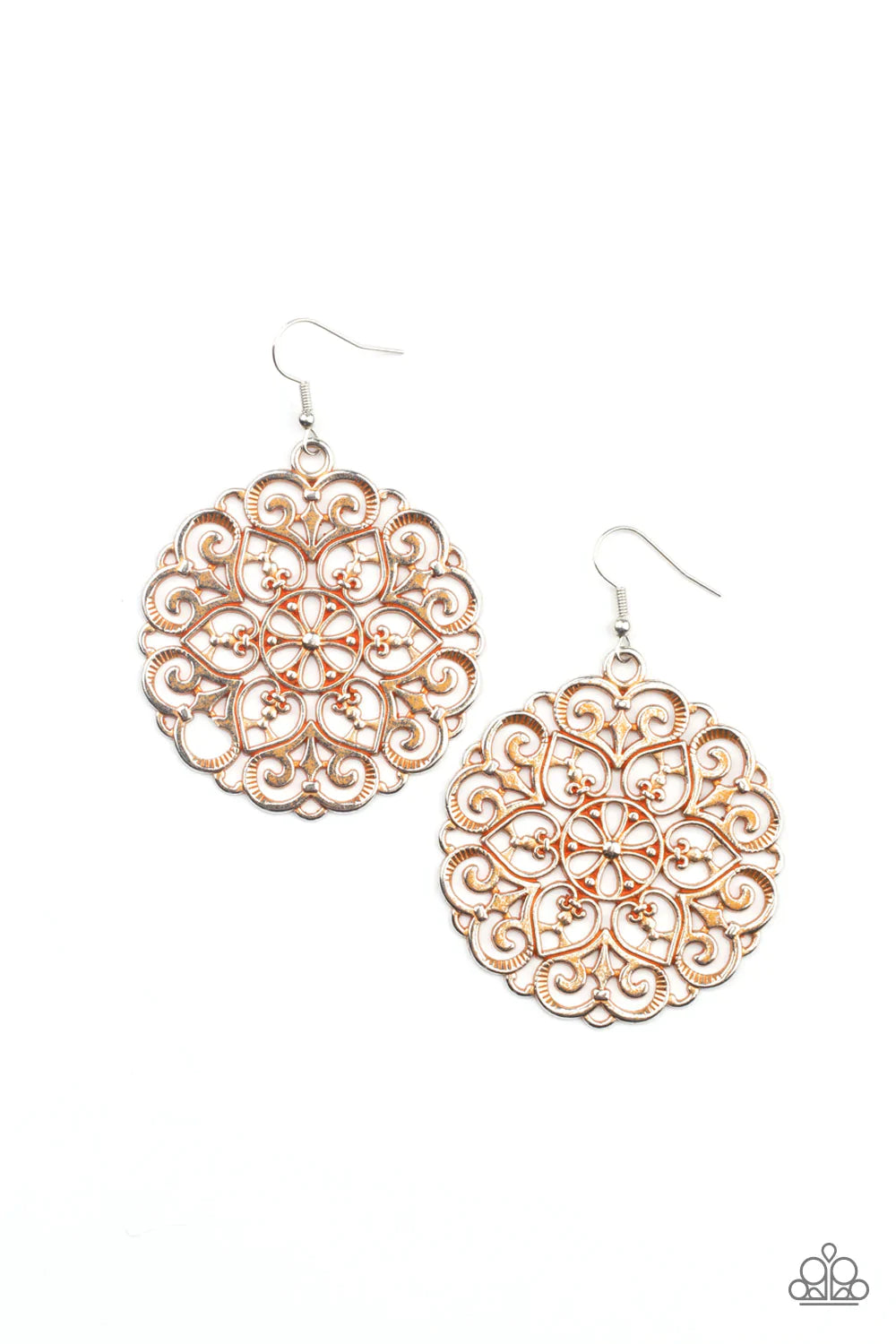Paparazzi Accessories MANDALA Effect - Orange Brushed in a rustic orange finish, an oversized mandala-like silver frame swings from the ear for a seasonal pop of color. Earring attaches to a standard fishhook fitting. Sold as one pair of earrings. Jewelry