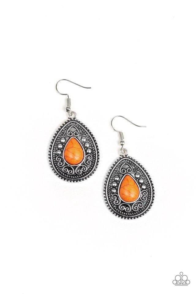 Paparazzi Accessories Desert Nirvana - Orange Chiseled into a tranquil teardrop, a vivacious orange stone is pressed into the center of an ornate silver frame radiating with studded and antiqued filigree patterns for a seasonal look. Earring attaches to a