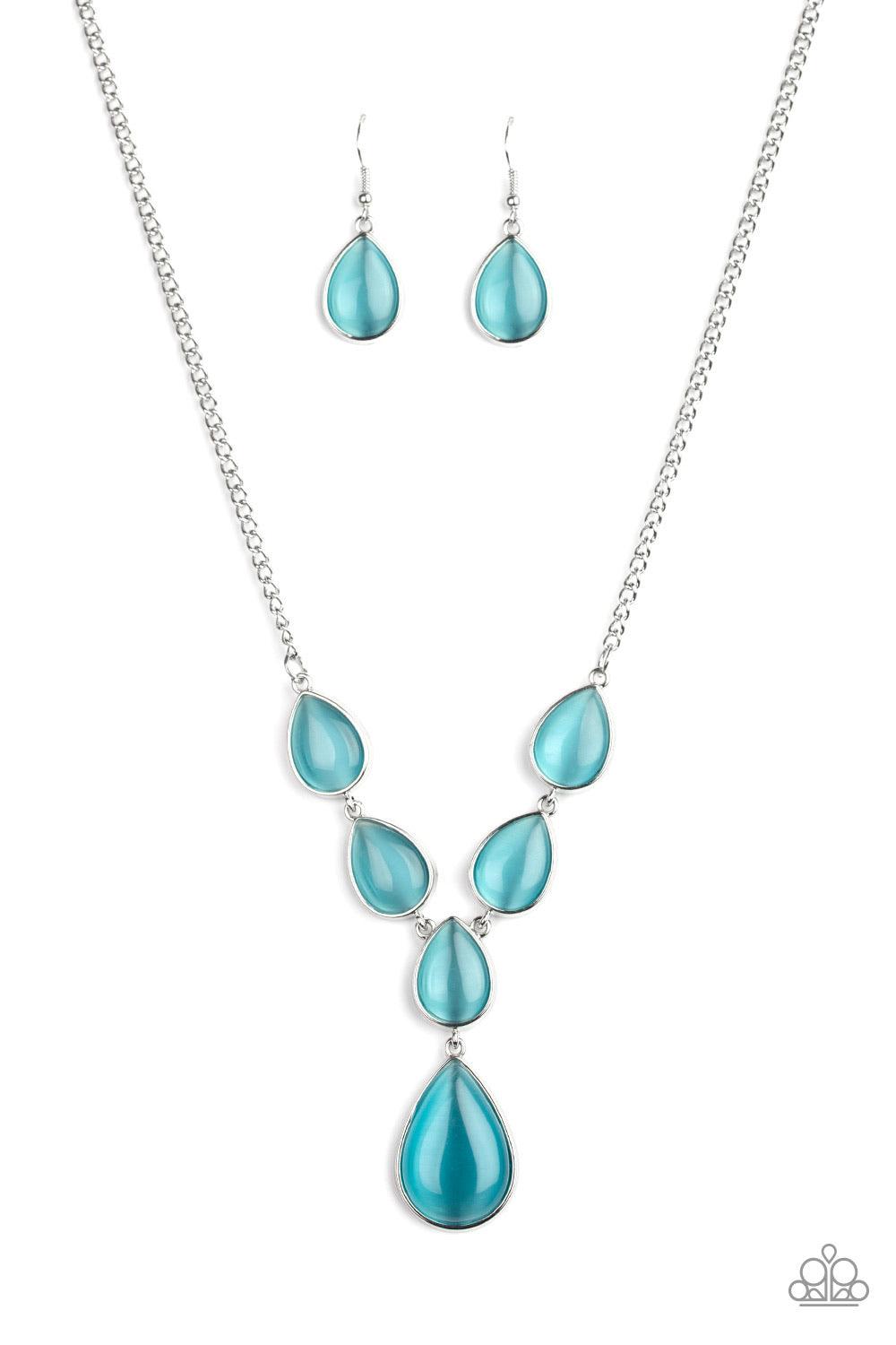 Paparazzi Accessories Dewy Decadence - Blue A series of blue cat's eye teardrops interlock at the bottom of a silver chain, giving way to an oversized teardrop pendant for a refined finish. Features an adjustable clasp closure. Jewelry