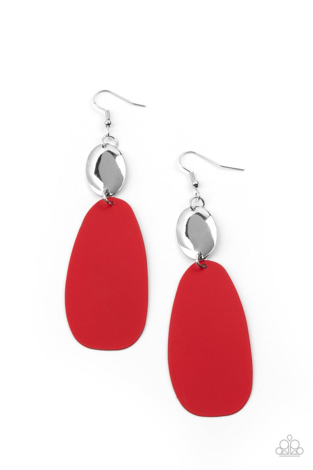 Paparazzi Accessories Vivaciously Vogue ~Red Featuring a matte finish, a fiery red frame swings from the bottom of an oval silver disc for a colorfully retro inspired look. Earring attaches to a standard fishhook fitting. Sold as one pair of earrings. Ear