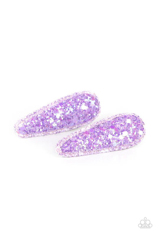 Paparazzi Accessories Sugar Plum Sparkle - Purple Dusted in dainty purple sparkles, a glittery pair of puffy hair clips pins back the hair for a fairytale finish. Features standard hair clips on the back. Sold as one pair of hair clips. Hair Pins