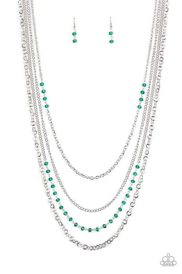 Paparazzi Accessories Flickering Lights - Green Featuring sections of glittery green crystal-like beads, a collision of mismatched silver chains drapes down the chest, creating flickering layers. Features an adjustable clasp closure. Sold as one individua