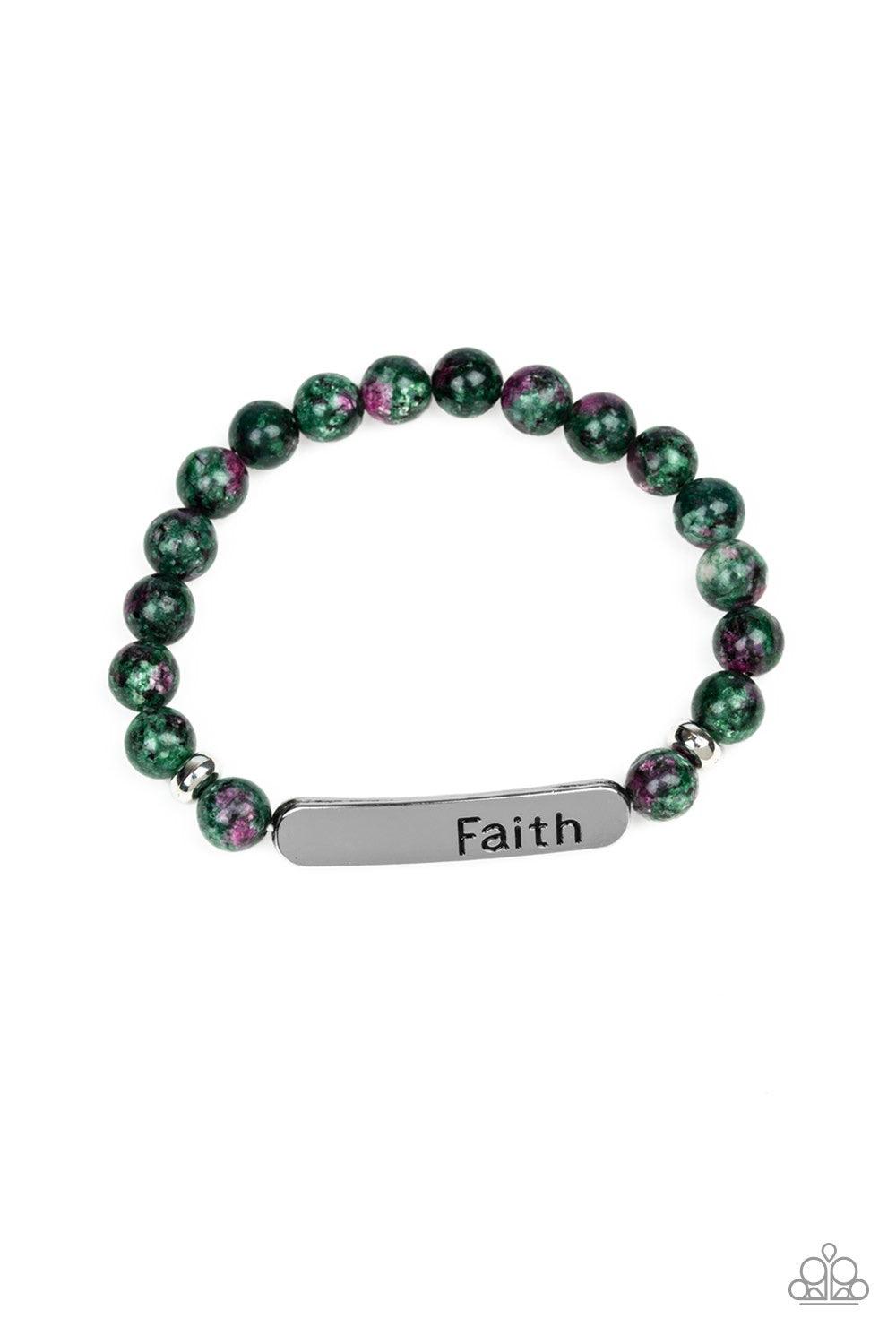 Paparazzi Accessories Faith In All Things - Green A collection of green stones, dainty silver beads, and a silver plate stamped with the inspirational word, "faith", are threaded along a stretchy band around the wrist for a seasonal look. Jewelry