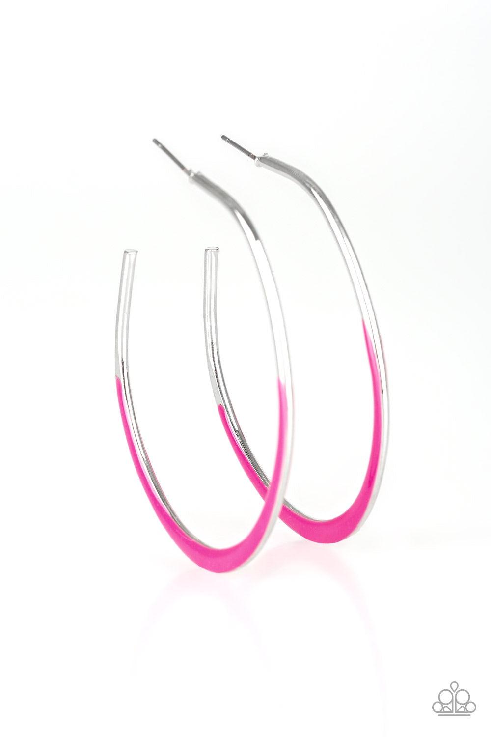 Paparazzi Accessories So Seren-DIP-itous - Pink As if dipped in paint, the bottom of an asymmetrical silver hoop has been glazed in a shiny pink finish for a colorful finish. Earring attaches to a standard post fitting. Hoop measures 1 3/4" in diameter. J