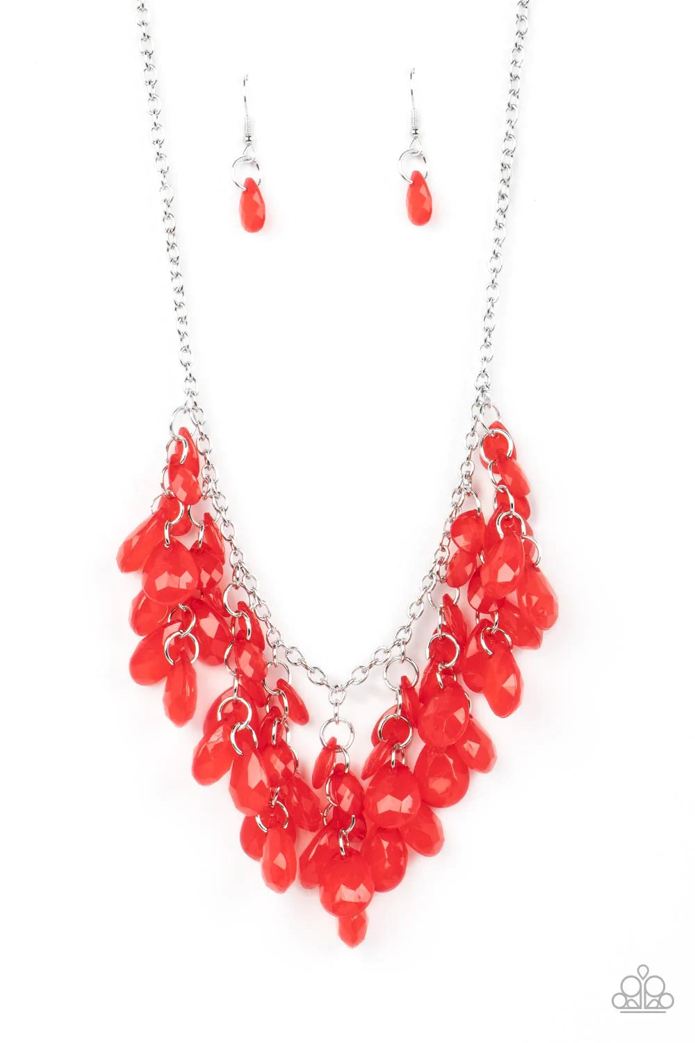 Paparazzi Accessories Crystal Cabaret - Red Opaque trestles of glassy Poinciana teardrop beads colorfully cascade from a classic silver chain below the collar, creating a mystical fringe. Features an adjustable clasp closure. Sold as one individual neckla