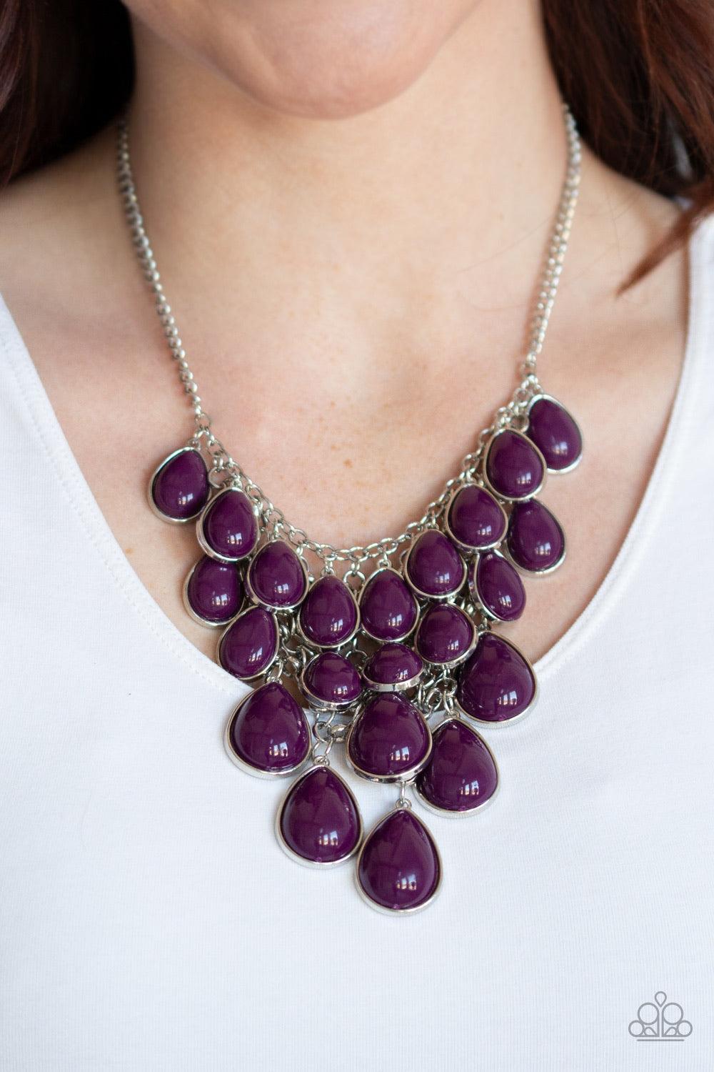 Paparazzi Accessories Shop Til You TEARDROP ~Purple Tinted in the classic rich hue of plum, polished purple teardrops gradually increase in size as they trickle along rows of interconnected mesh chain. The vivacious beads drip into a tapered shape, creati