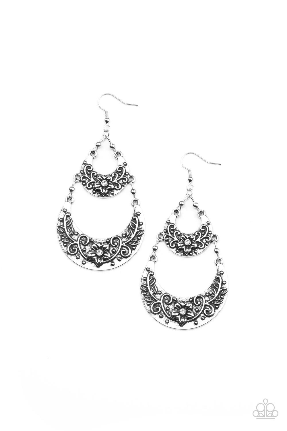 Paparazzi Accessories Springtime Gardens - White Dotted with dainty white rhinestone centers, studded silver half moon frames are embossed in leafy floral patterns as they link into a whimsical display. Earring attaches to a standard fishhook fitting. Sol
