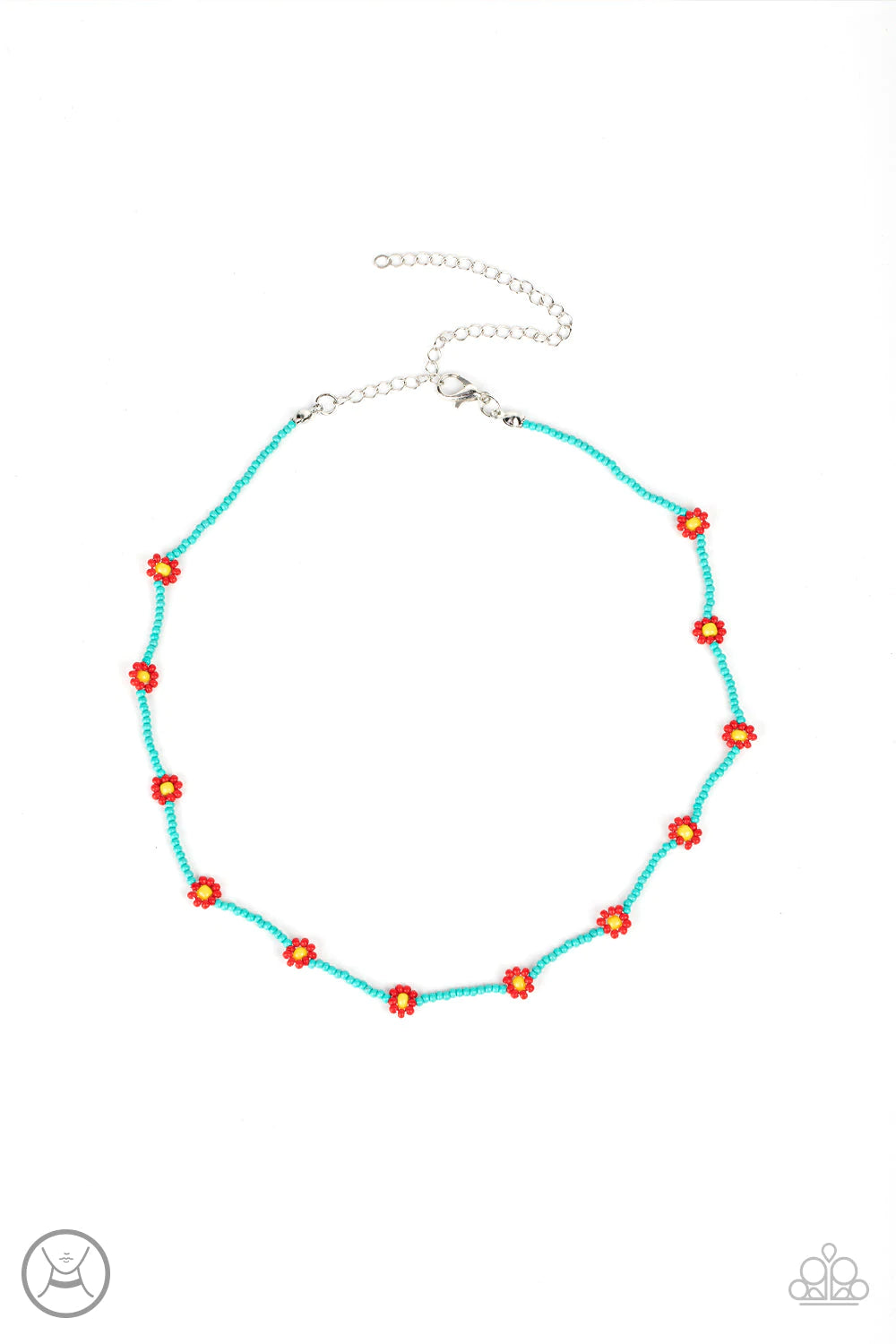 Paparazzi Accessories Colorfully Flower Child - Blue A dainty strand of turquoise seed beads is dotted with red and yellow beaded floral frames, creating a flirtatious floral look around the neck. Features an adjustable clasp closure. Sold as one individu