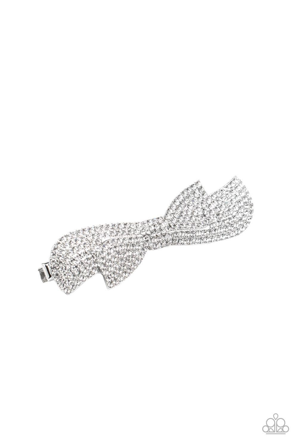 Paparazzi Accessories BOW Your Top Twinkle - White Encrusted in row after row of glassy white rhinestones, a ribbon shaped silver frame delicately stacks into a radiant bow for a timeless look. Features a standard hair clip on the back. Sold as one indivi