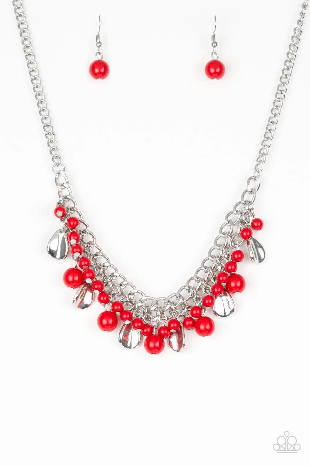 Paparazzi Accessories Summer Showdown - Red Fiery red beads and curved silver teardrops swing from the bottom of interlocking silver chains, creating a flirtatious fringe below the collar. Features an adjustable clasp closure. Sold as one individual neckl