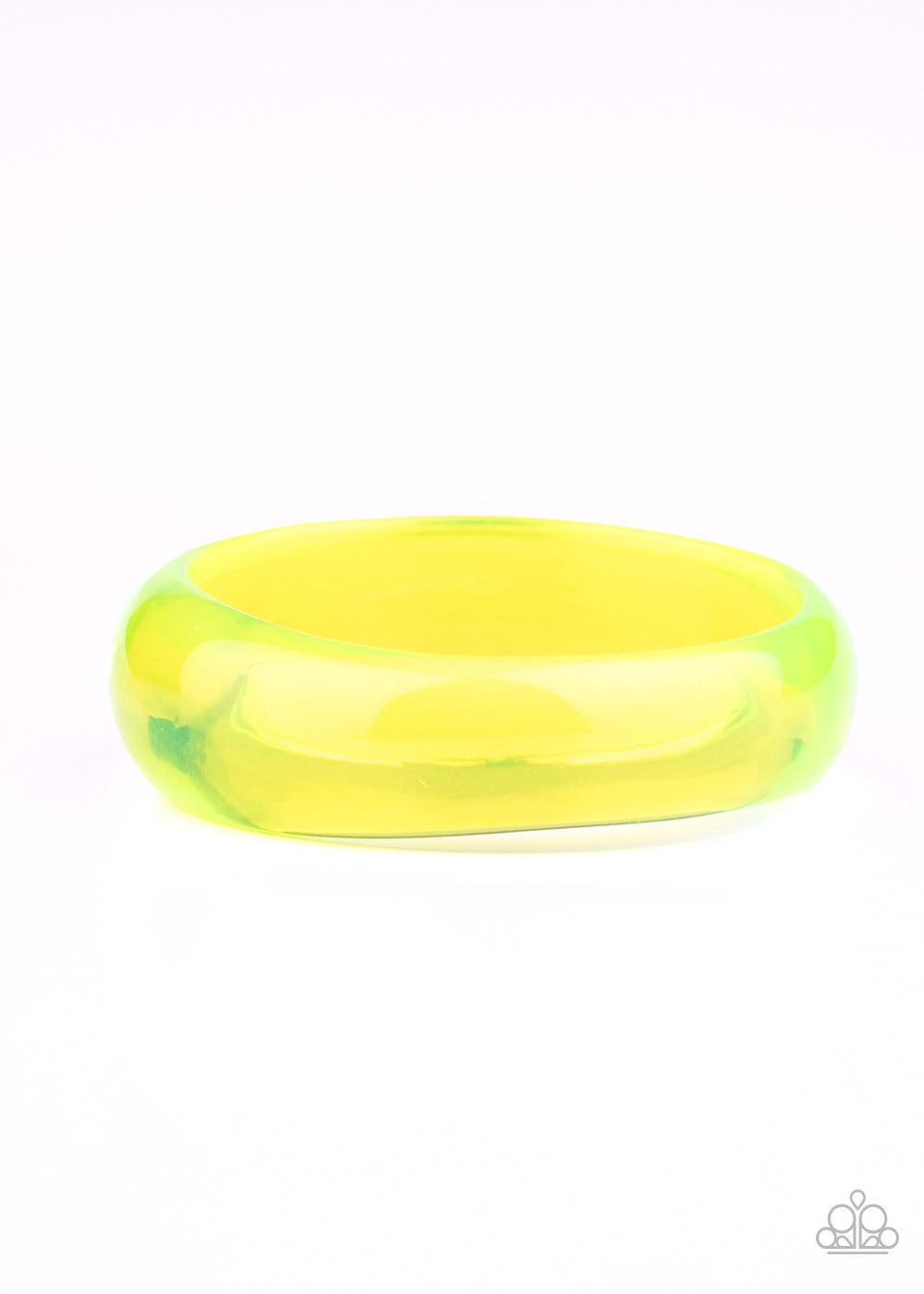 Paparazzi Accessories Major Material Girl - Yellow A neon yellow acrylic bangle slides along the wrist for a colorfully retro flair. The shiny bangle gradually widens at the top for a fabulous finish. Sold as one individual bracelet. Jewelry