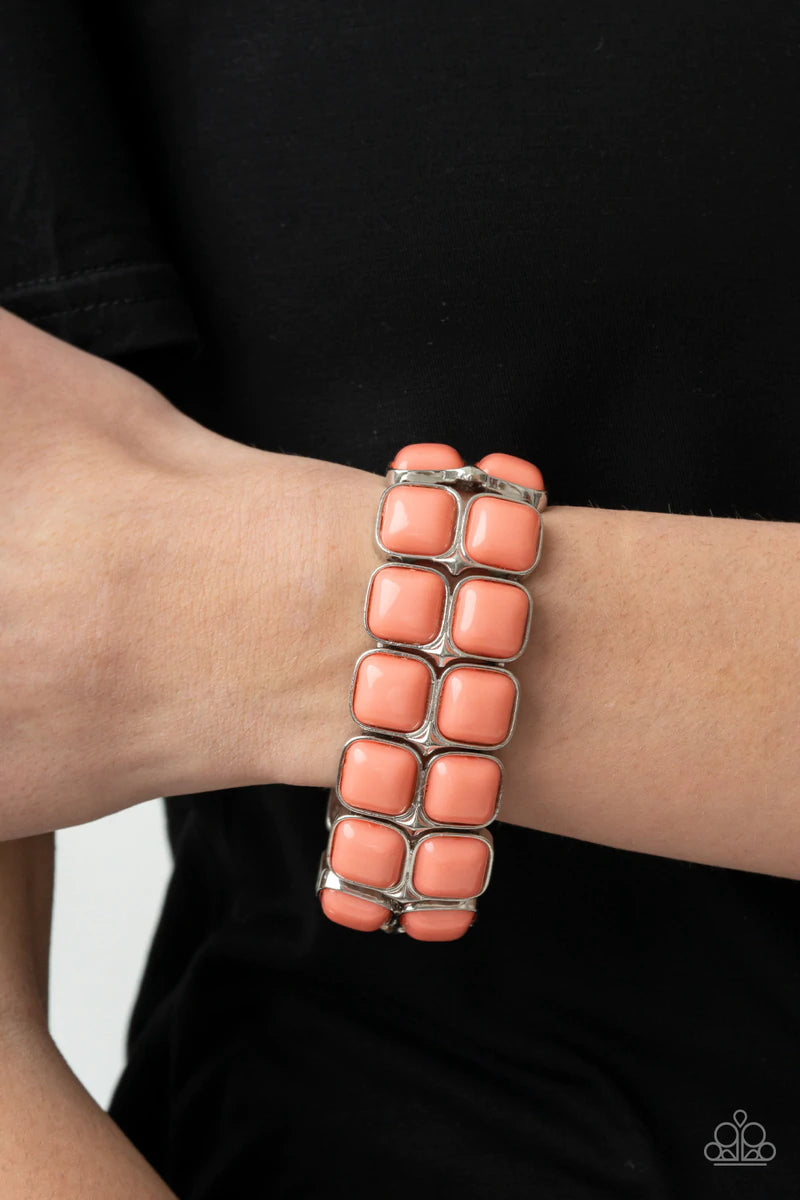 Paparazzi Accessories Double The DIVA-ttitude - Orange Stacks of cubed Burnt Coral beaded silver frames are threaded along a stretchy band around the wrist, creating a bubbly pop of color. Sold as one individual bracelet. Bracelets