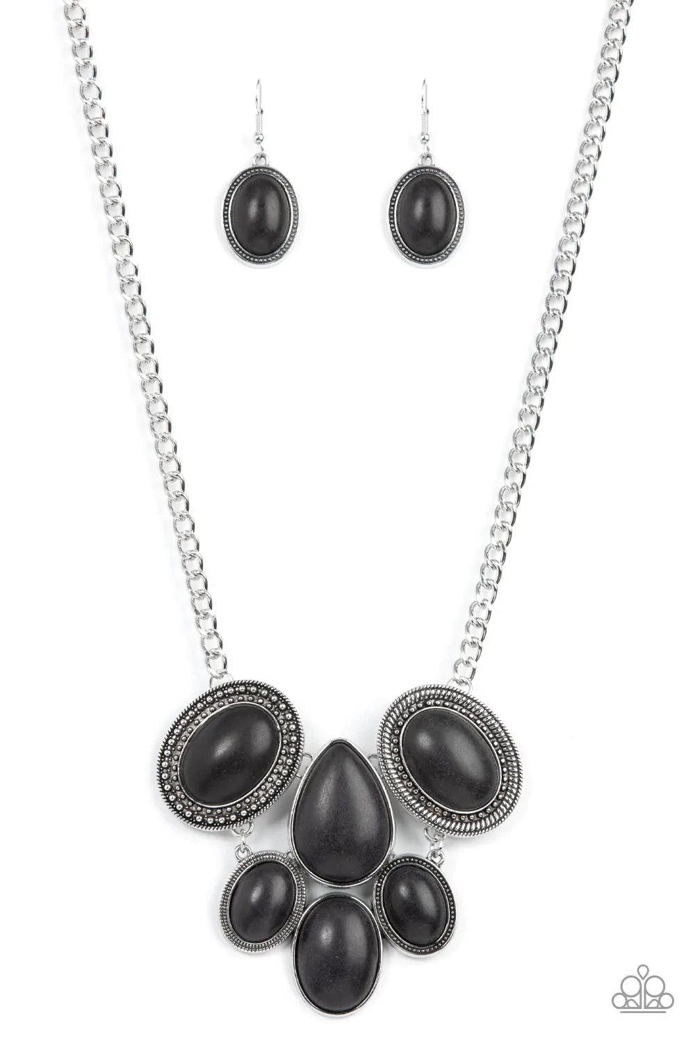 Paparazzi Accessories All Natural Nostalgia - Black Featuring an assortment of studded, textured, and smooth silver frames, a grounding combination of oversized oval and teardrop black stones links into an exaggerated earthy pendant below the collar for a