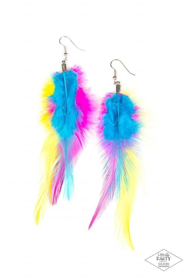 Paparazzi Accessories Take A BOA - Multi Blue, pink, and yellow feathers fan from the bottom of a glistening silver fitting, creating a vivacious plume. Earring attaches to a standard fishhook fitting. Jewelry