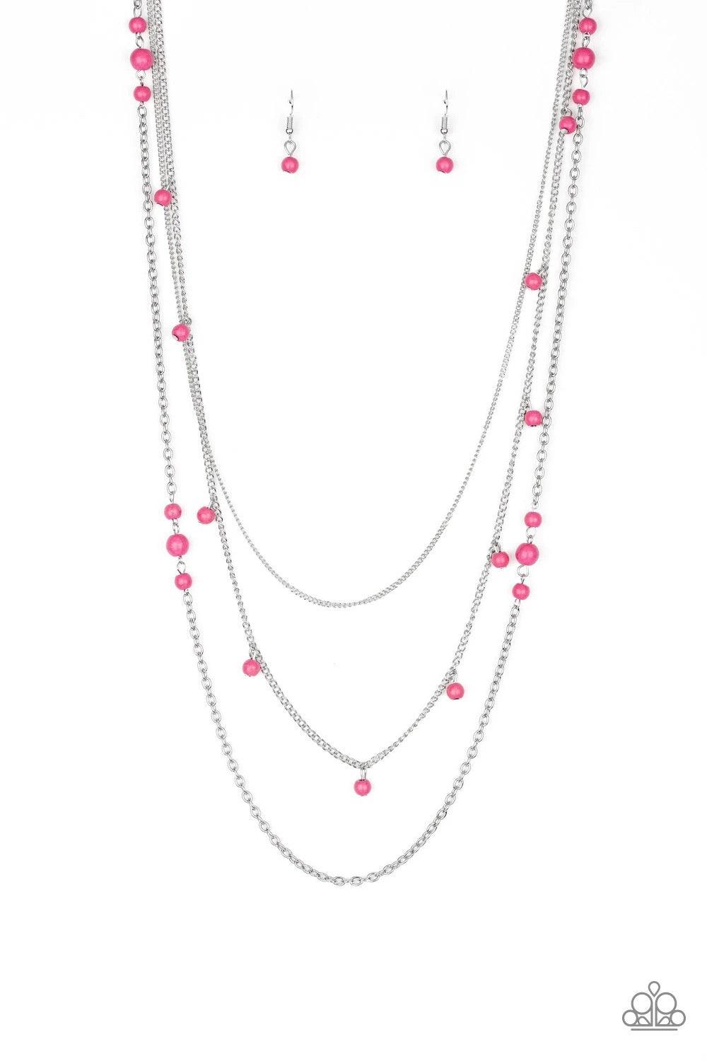 Paparazzi Accessories Laying The Groundwork - Pink Infused with a plain silver chain, mismatched pink stone beads sporadically trickle along shimmery silver chains, creating vivacious layers down the chest. Features an adjustable clasp closure. Sold as on