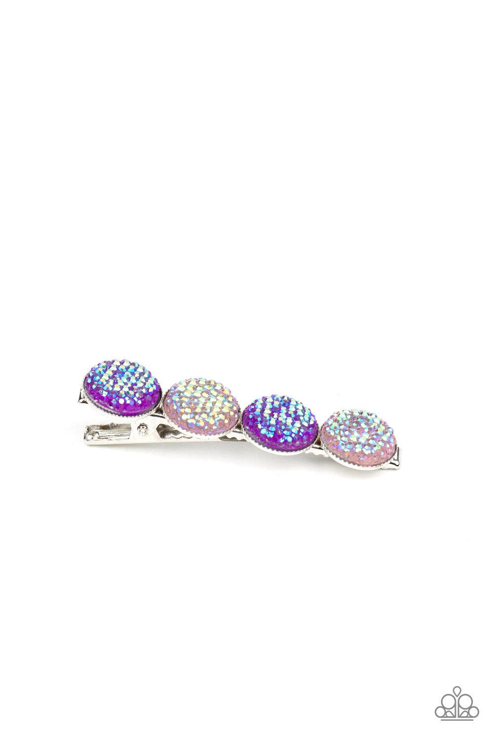 Paparazzi Accessories When GLEAMS Come True - Purple Featuring an iridescent shimmer, pink and purple rhinestone dotted gems are encrusted across the front of a shiny silver bar for a colorfully bubbly look. Features a standard hair clip on the back. Sold
